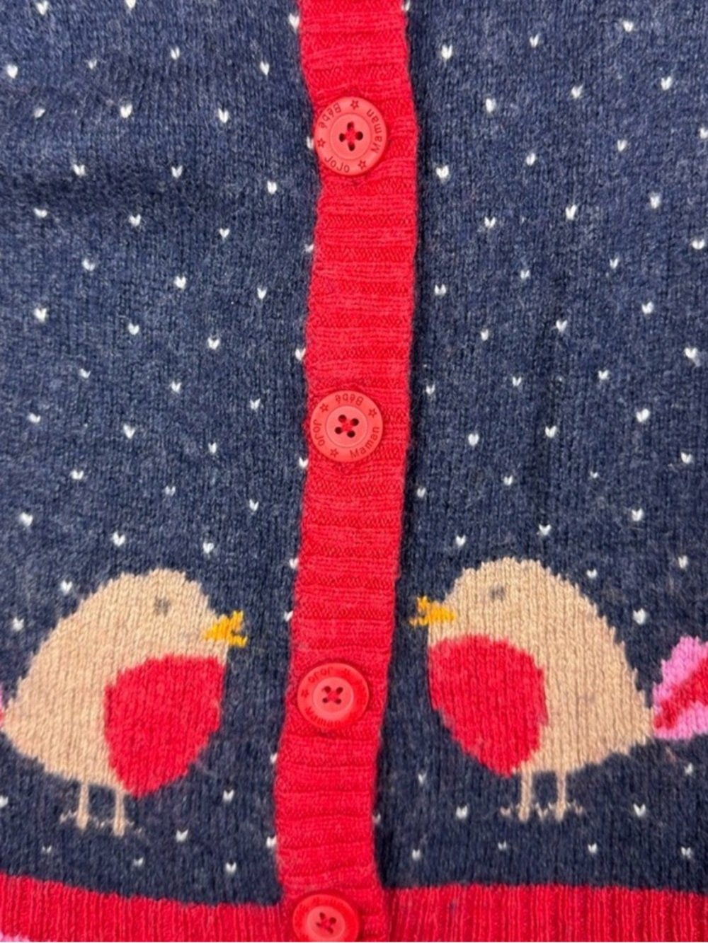 JoJo Maman Bebé Red-Trim Navy Robin Bird Knit Cardigan 18-24m